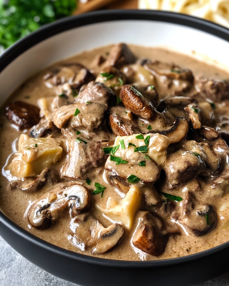 Creamy Garlic Mushroom Beef Stroganoff