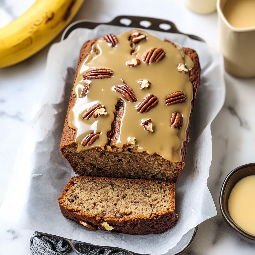 Banana Pecan Bread with Caramelized White Chocolate Sorghum Glaze