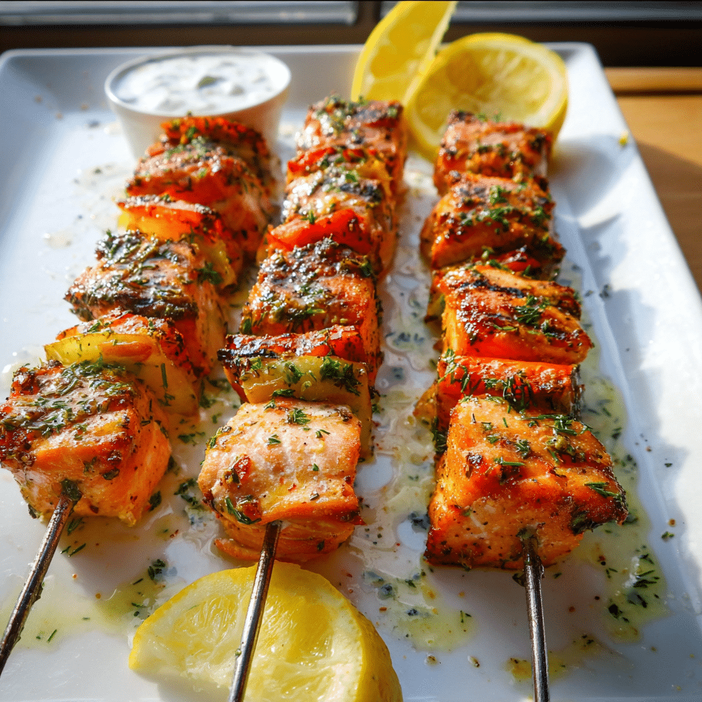 Lemon Garlic Butter Salmon Skewers