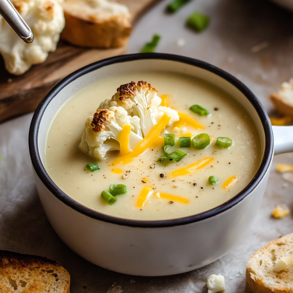 Roasted Garlic Cheddar Cauliflower Soup