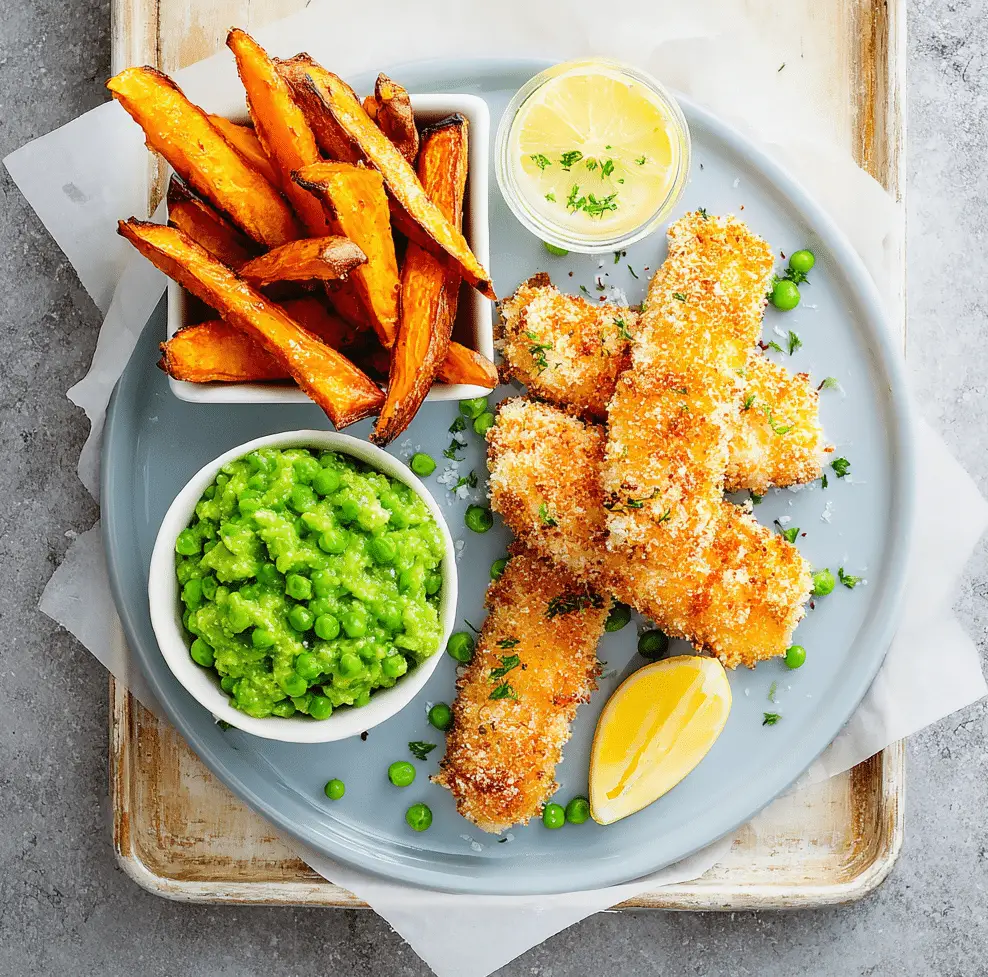Salmon Fish Fingers with Pea Purée and Sweet Potato Chips