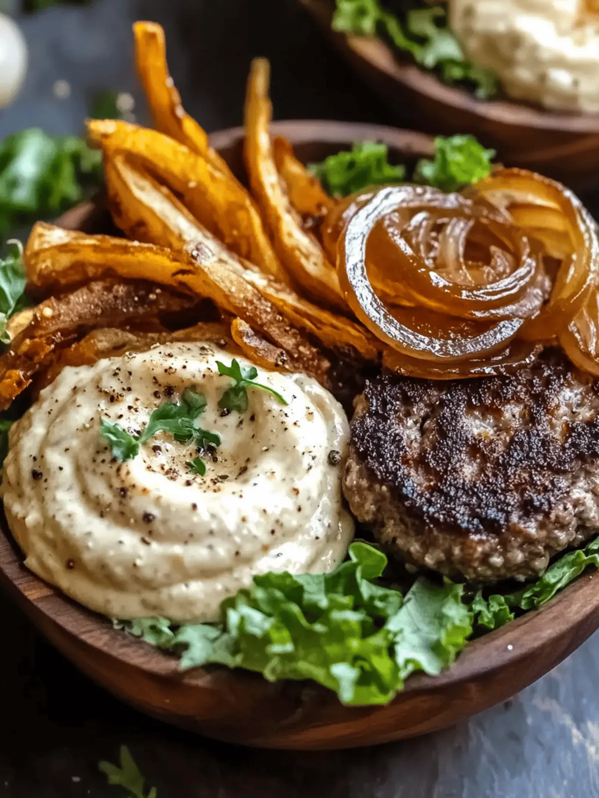 Burger Bowls with Caramelized Onion Aioli