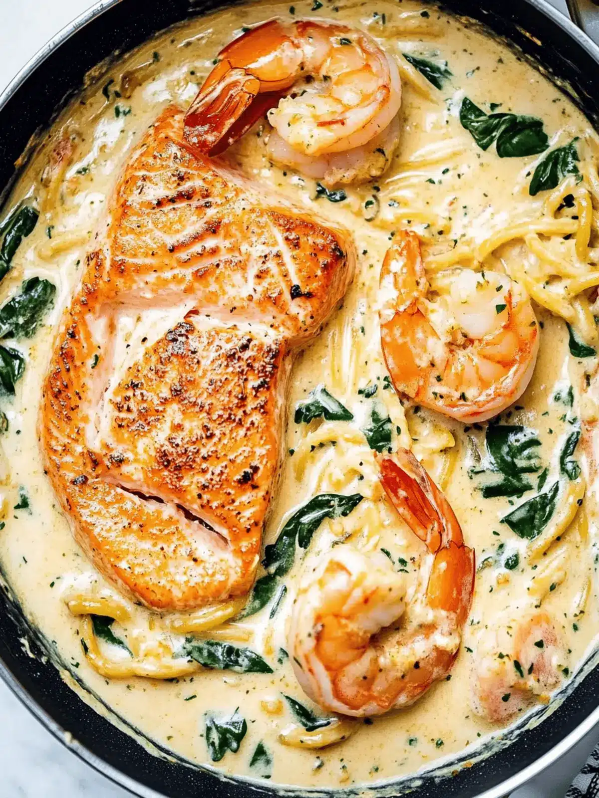 Creamy Tuscan Salmon Shrimp Pasta