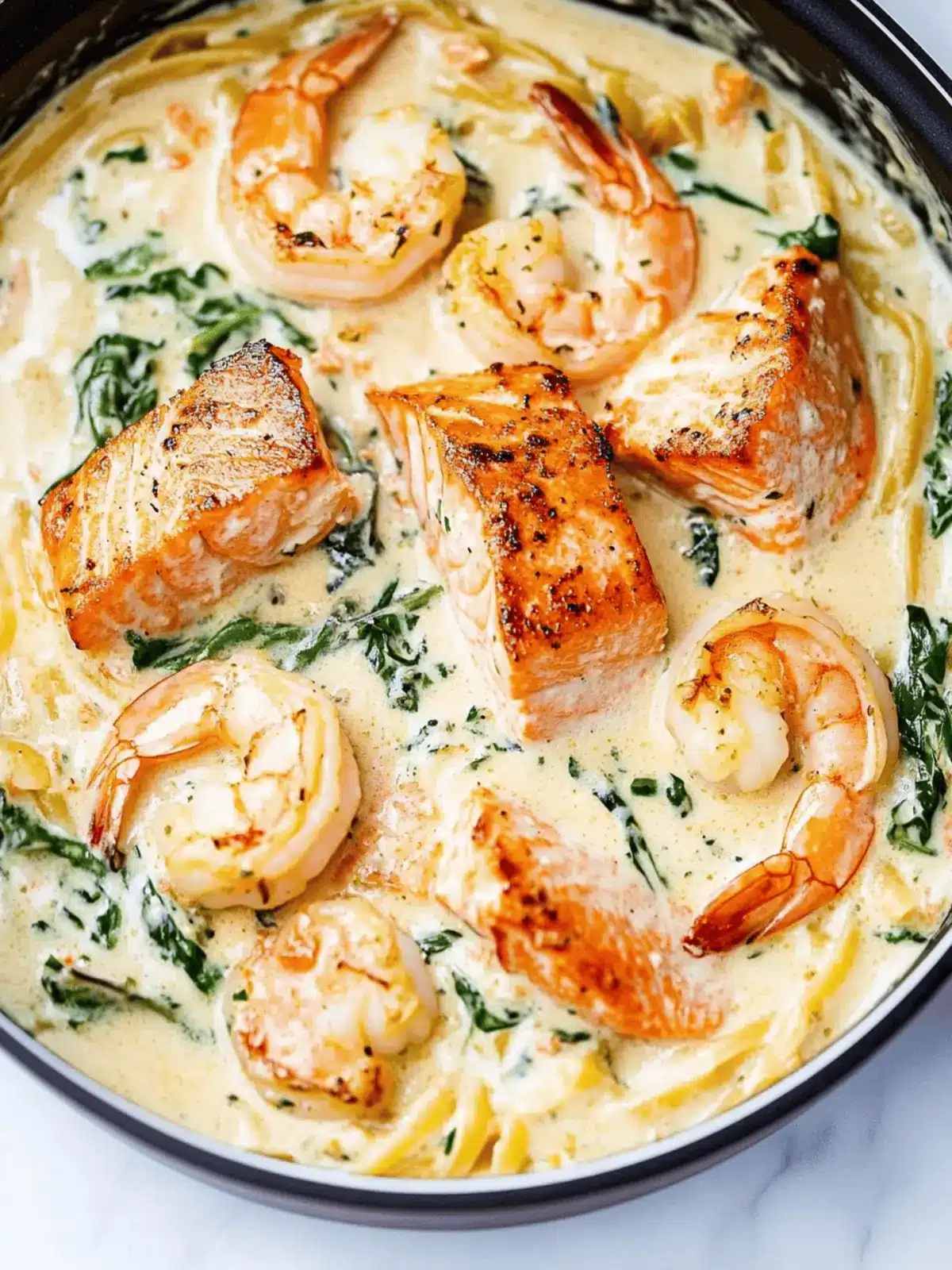 Creamy Tuscan Salmon Shrimp Pasta