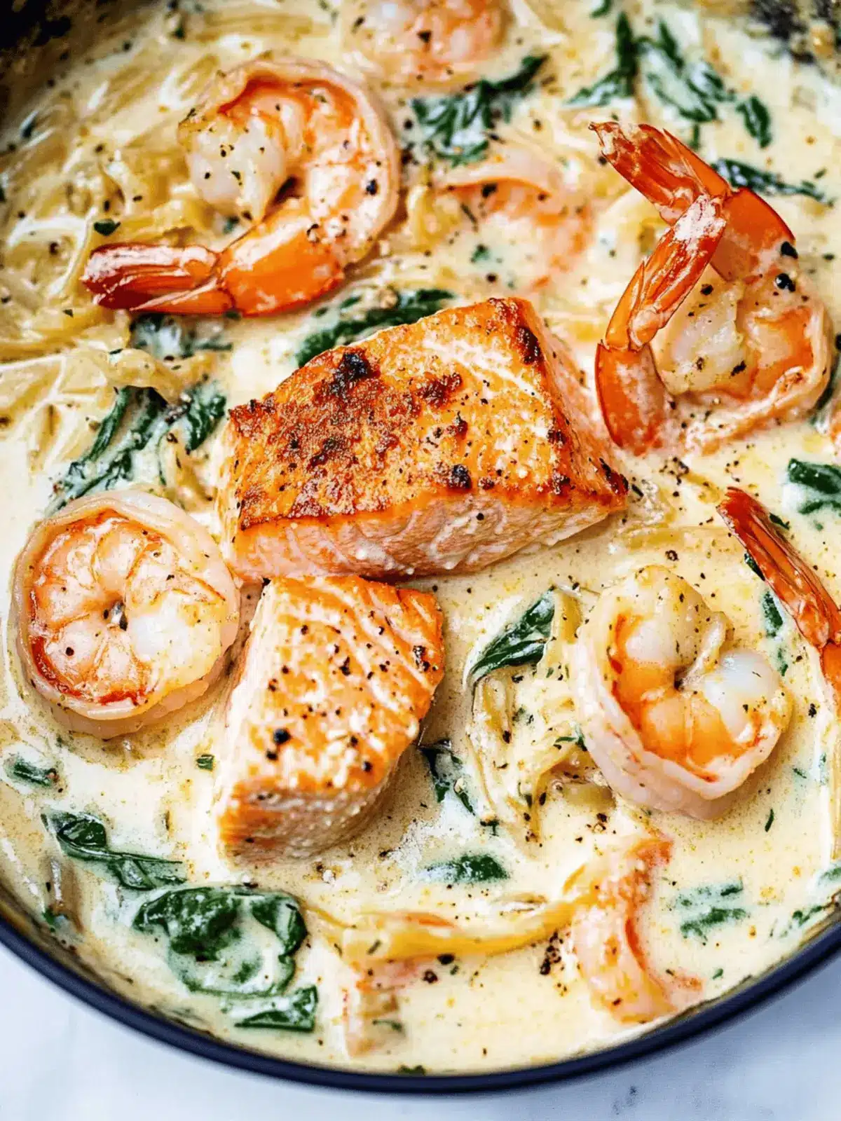 Creamy Tuscan Salmon Shrimp Pasta