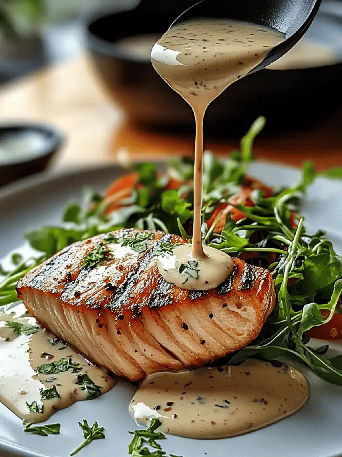 Tuna Steaks with Creamy Garlic Sauce & Salad