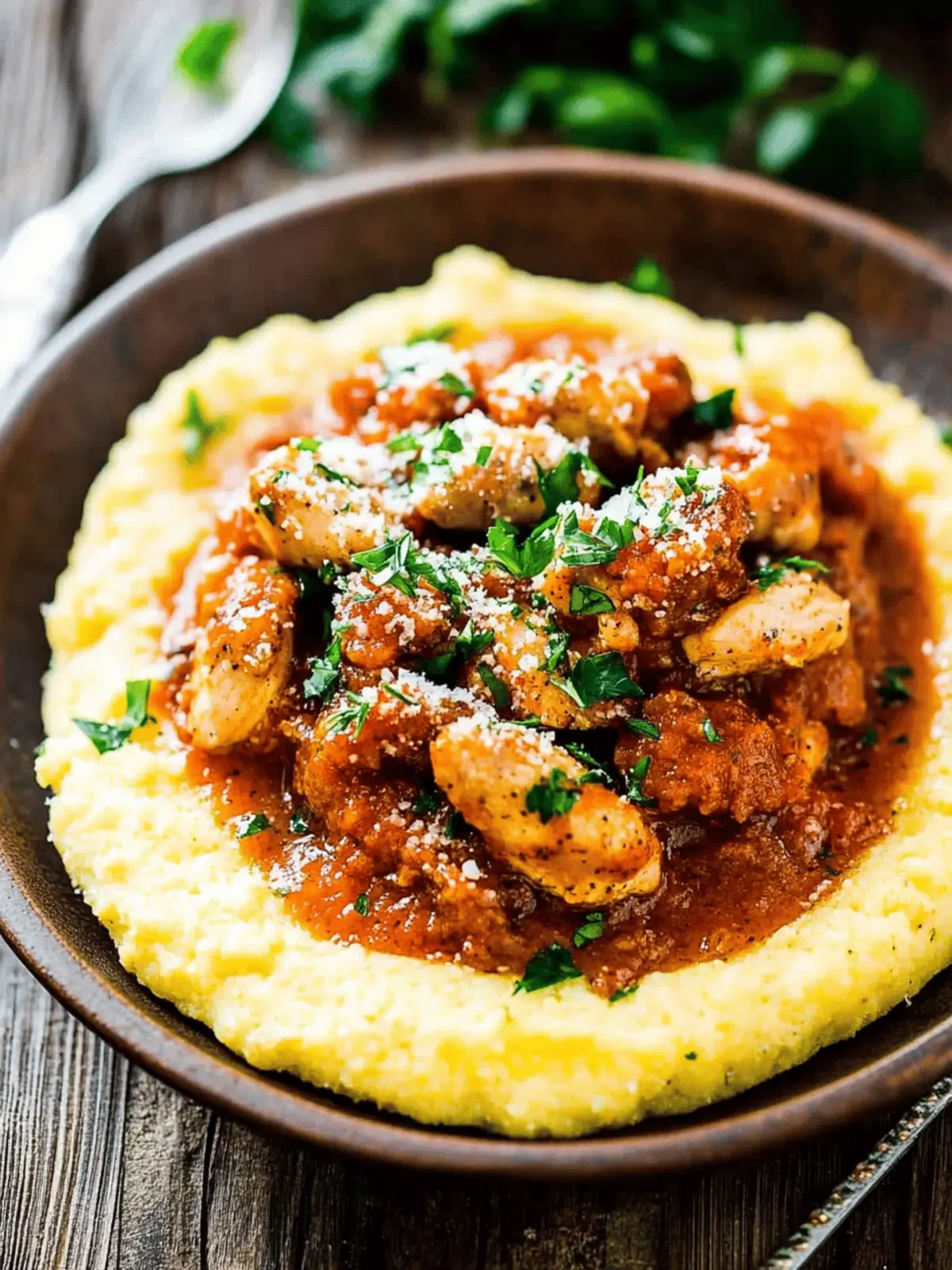 Saucy Chicken and Sausage over Creamy Parmesan Polenta