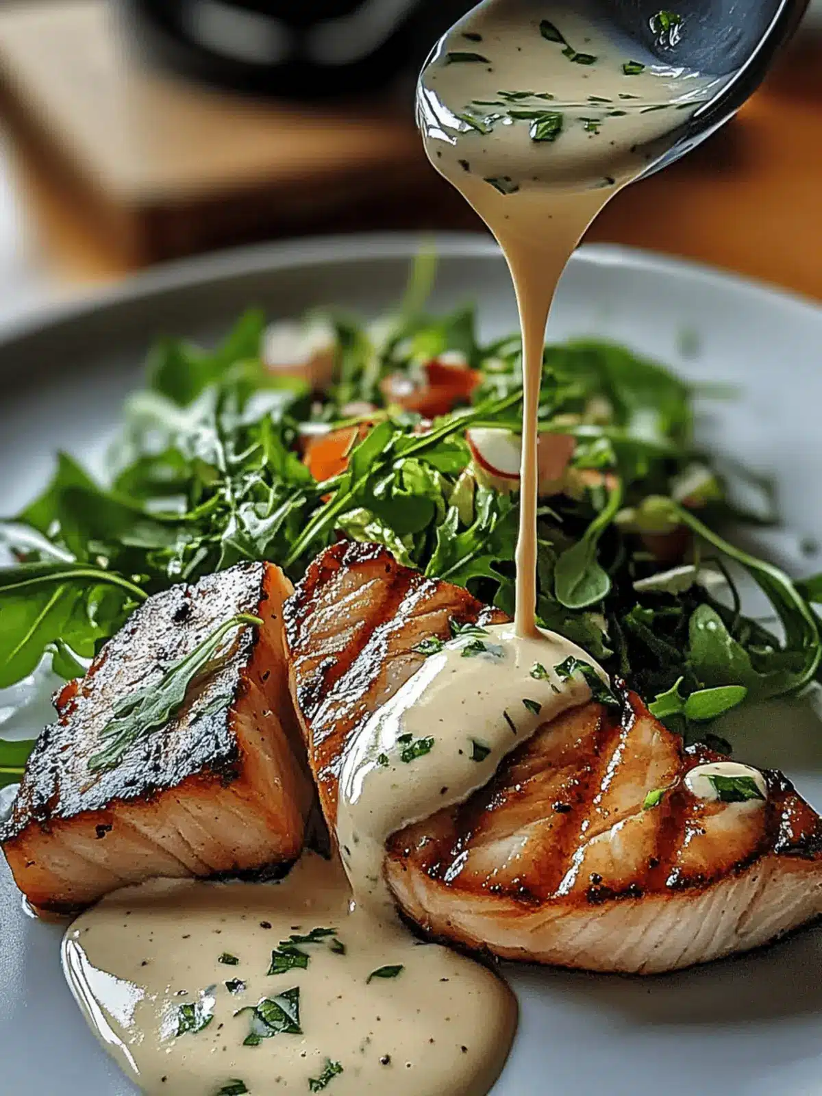 Tuna Steaks with Creamy Garlic Sauce & Salad
