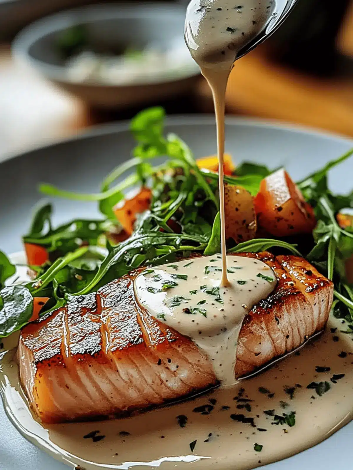 Tuna Steaks with Creamy Garlic Sauce & Salad