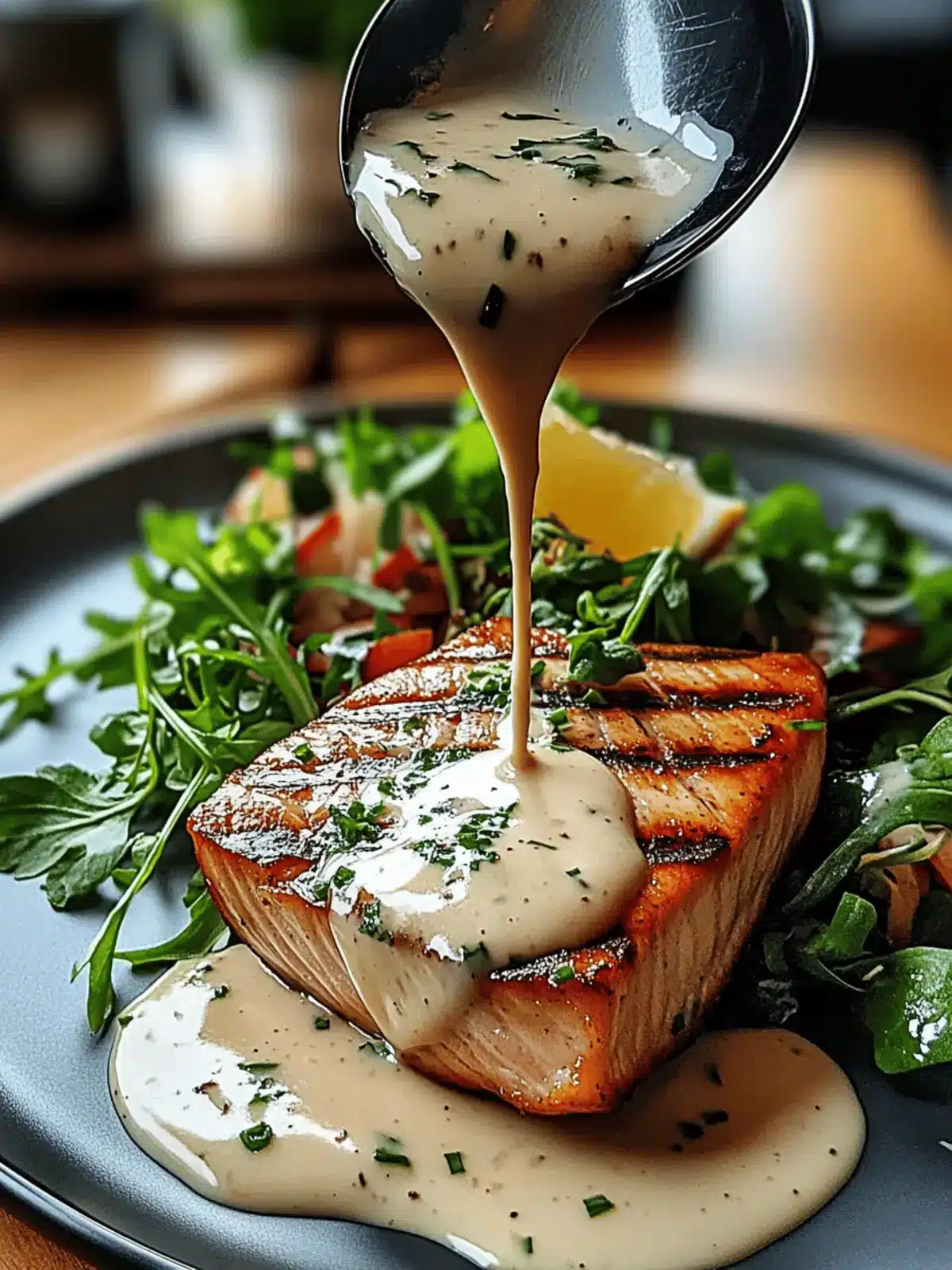 Tuna Steaks with Creamy Garlic Sauce & Salad