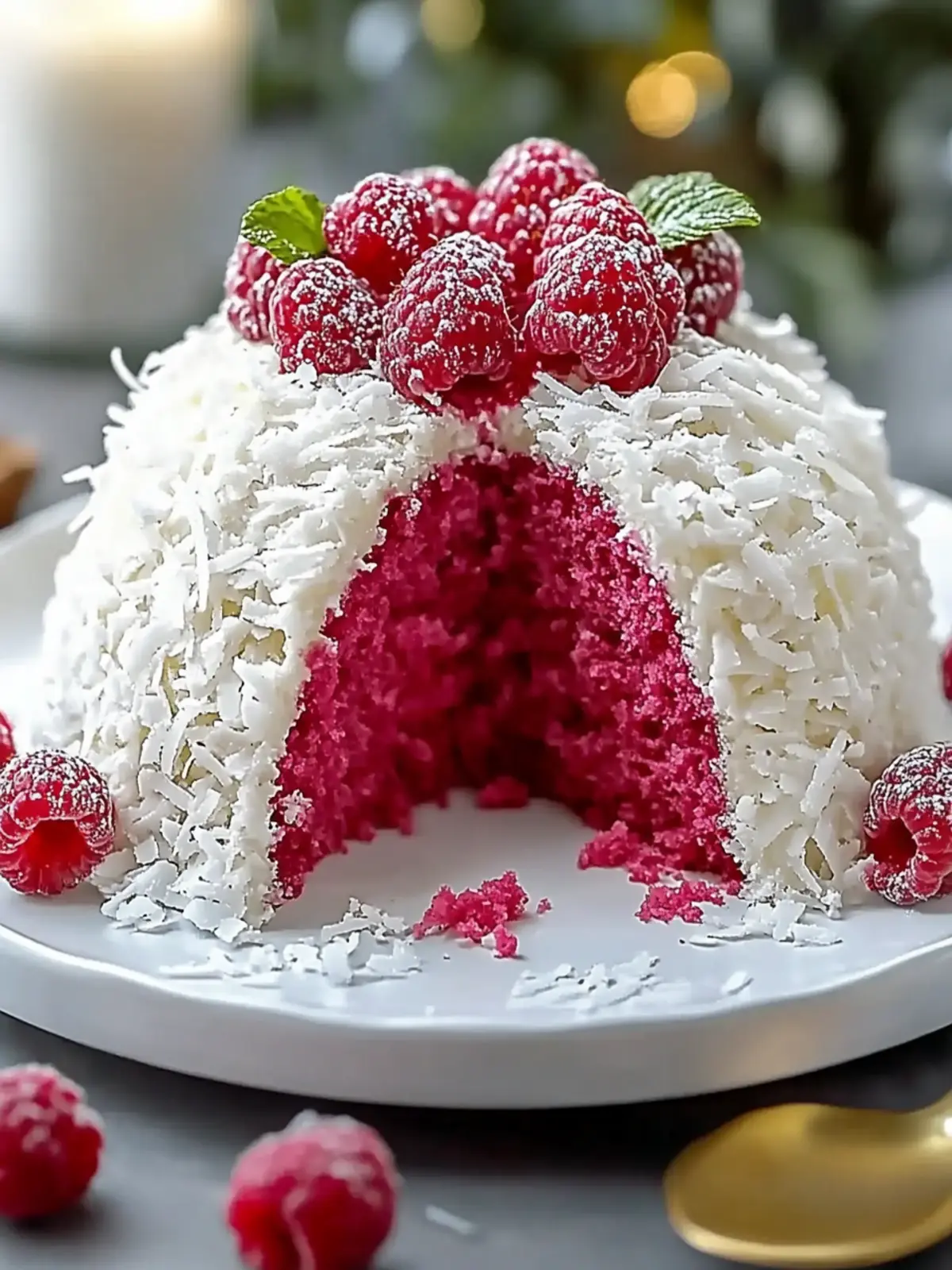 Raspberry Swirl Coconut Snowball Cake
