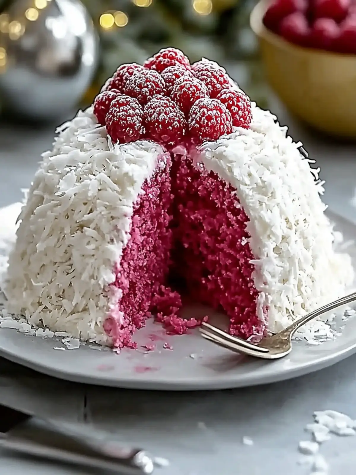 Raspberry Swirl Coconut Snowball Cake