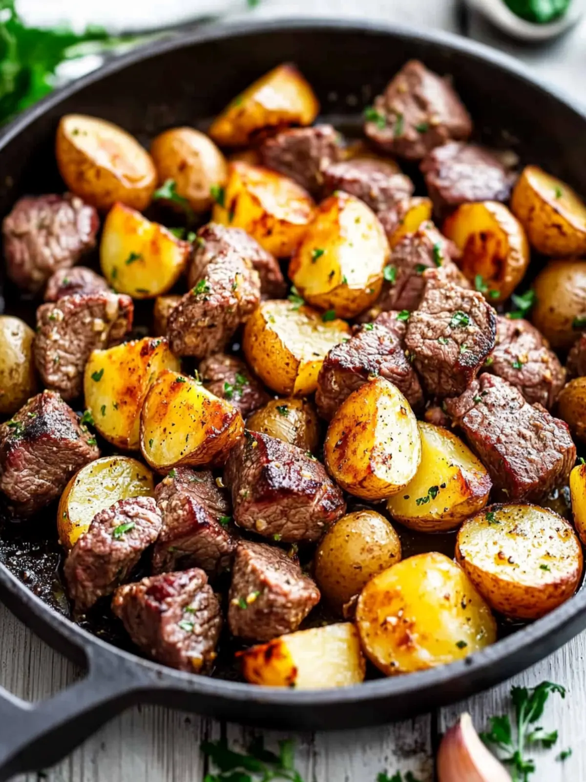 Garlic Butter Steak Bites and Potatoes