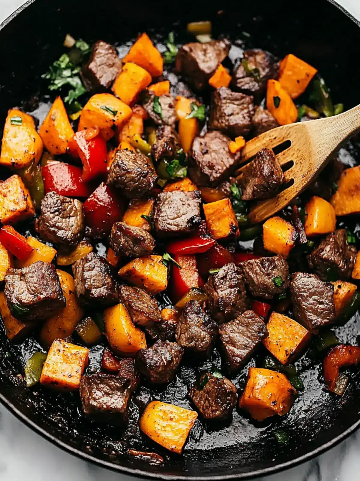 Sizzling Steak Bites with Sweet Potatoes and Peppers Bliss 5 Steak Bites with Sweet Potatoes and Peppers