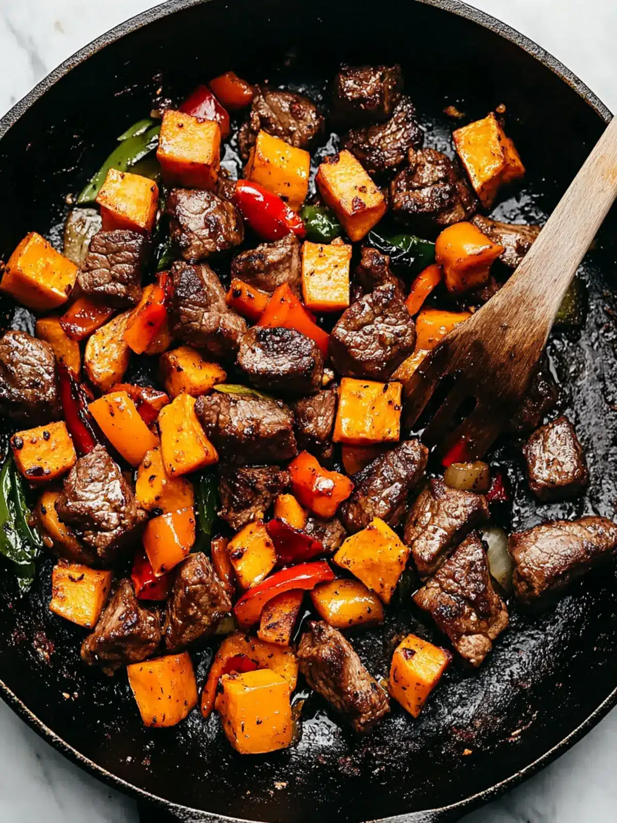 Sizzling Steak Bites with Sweet Potatoes and Peppers Bliss 3 Steak Bites with Sweet Potatoes and Peppers