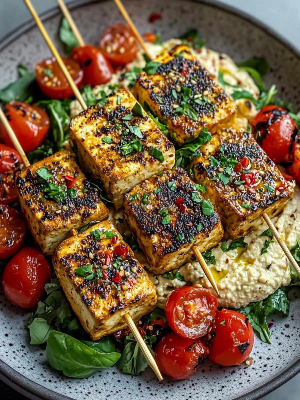 Delicious Za’atar Tofu Skewers with Hummus and Tomato Salad 3 Za’atar Tofu Skewers with Hummus and Tomato Salad