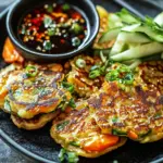 Crispy Vegetable Pancakes with Asian Dipping Sauce Delight 3 Crispy Vegetable Pancakes with Asian Dipping Sauce