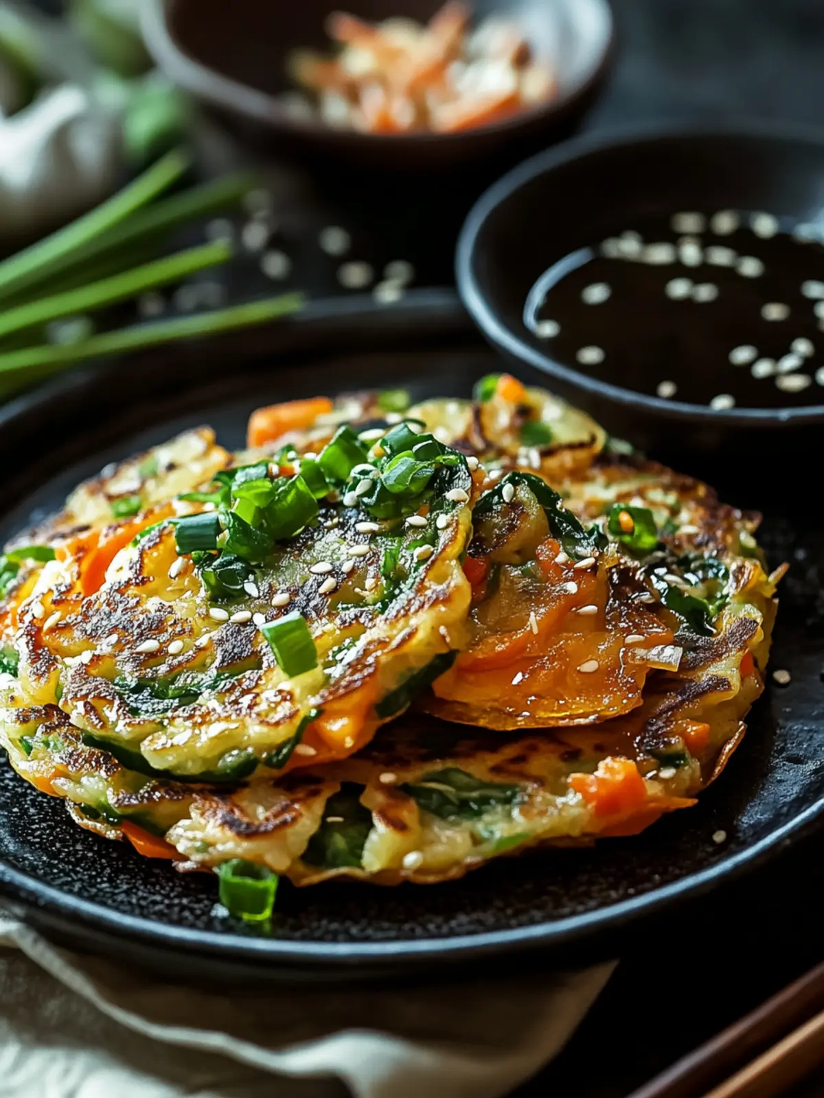 Crispy Vegetable Pancakes with Asian Dipping Sauce Delight 3 Crispy Vegetable Pancakes with Asian Dipping Sauce