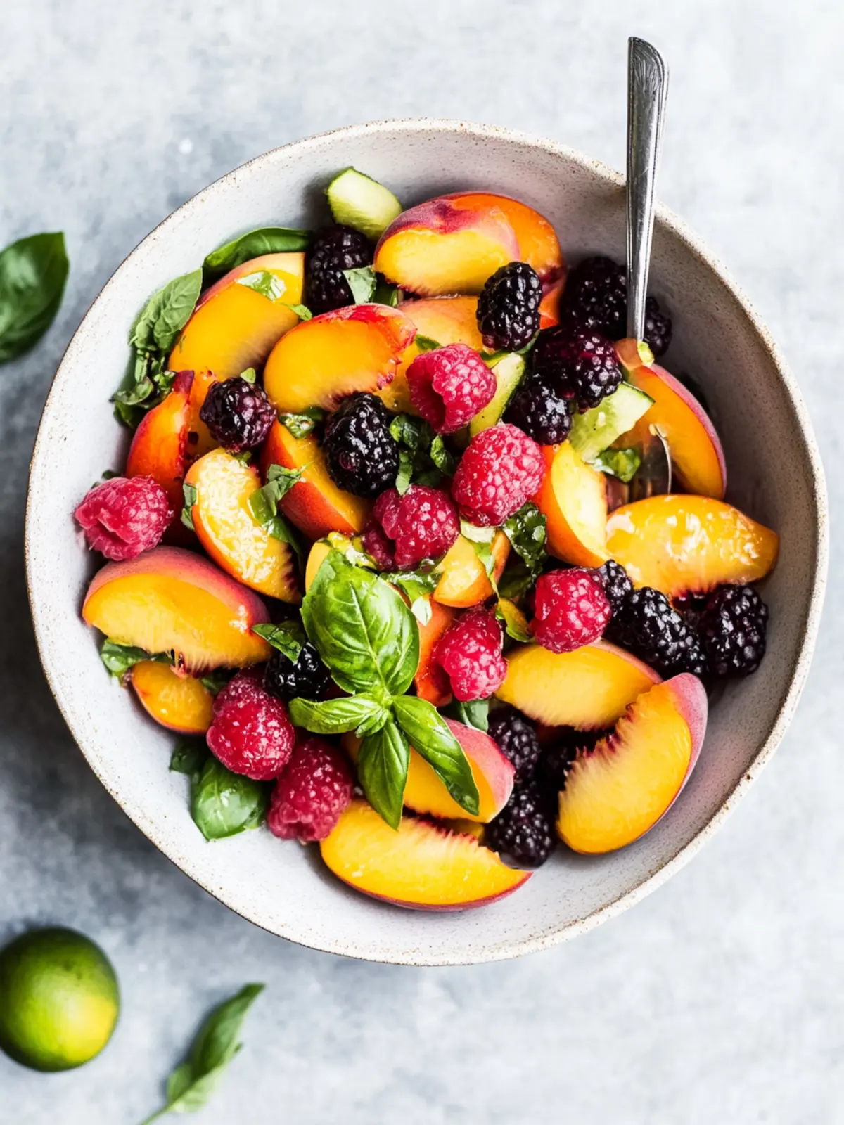 Refreshing Honey Lime Basil Peach Fruit Salad Surprise! 2 Honey Lime Basil Peach Fruit Salad