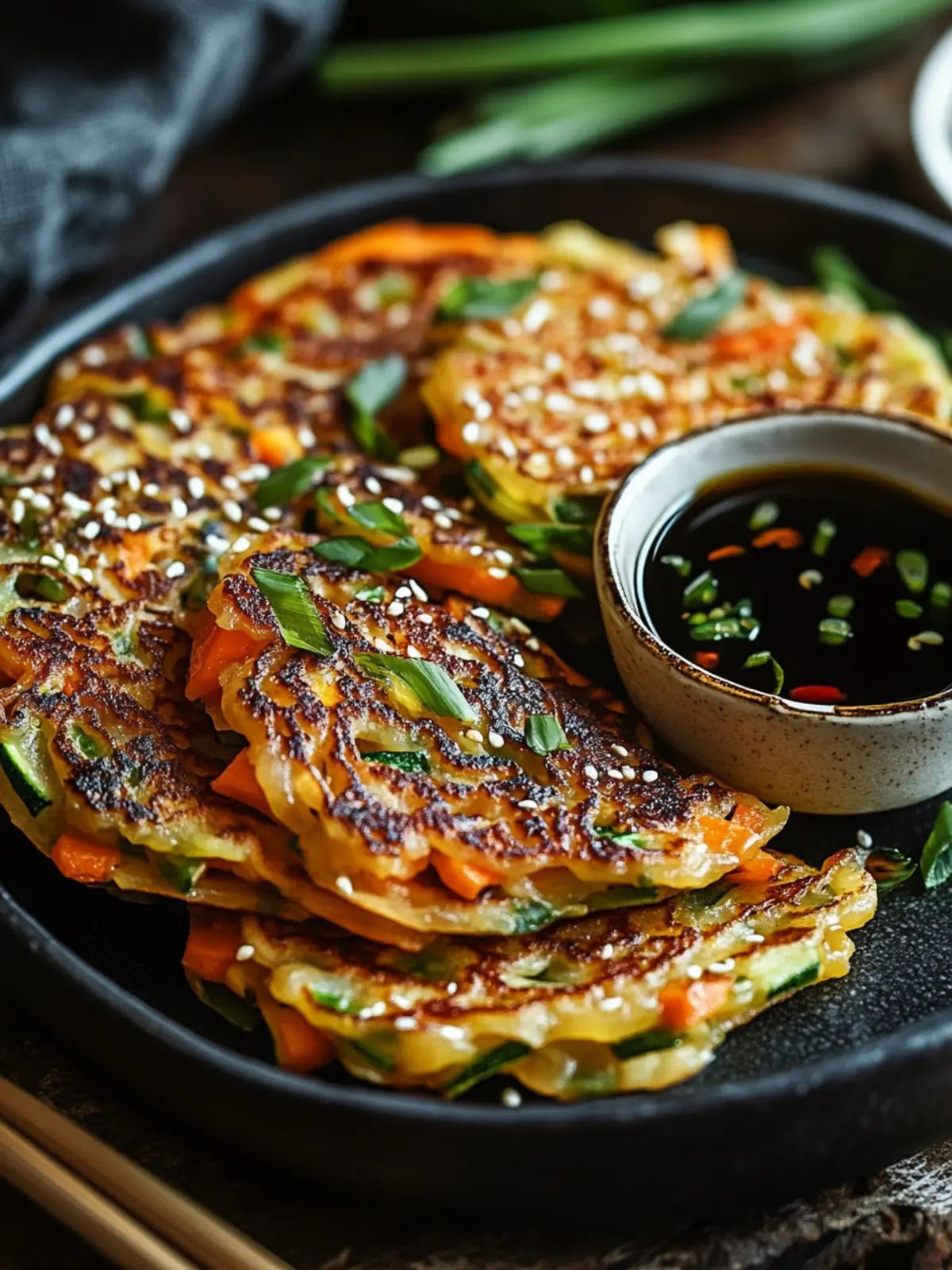 Crispy Vegetable Pancakes with Asian Dipping Sauce Delight 4 Crispy Vegetable Pancakes with Asian Dipping Sauce