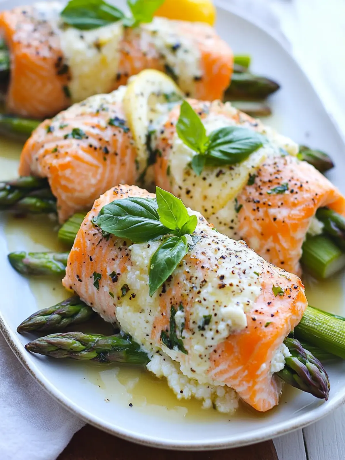 Delicious Asparagus and Lemon Ricotta Stuffed Salmon Rolls 3 Asparagus and Lemon and Basil Ricotta Stuffed Salmon Rolls with Lemon Sauce