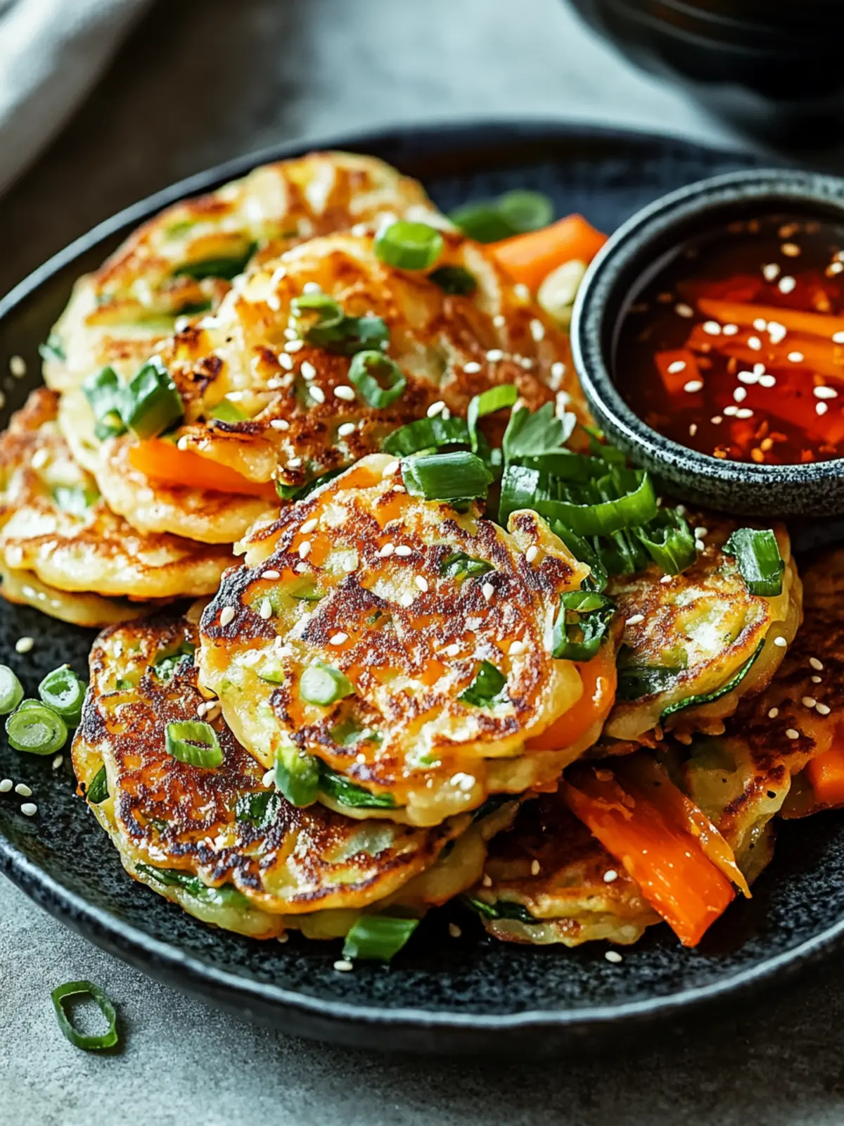 Crispy Vegetable Pancakes with Asian Dipping Sauce Delight 2 Crispy Vegetable Pancakes with Asian Dipping Sauce
