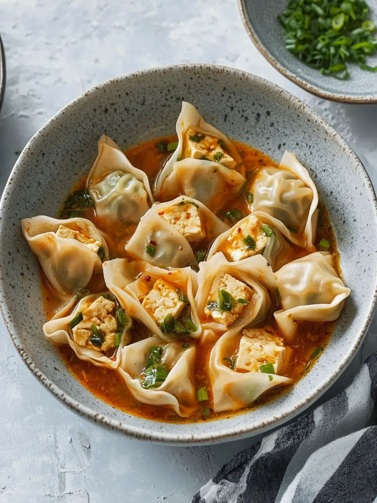 Savory Tofu and Chive Wontons in Chili Broth You'll Love 3 Tofu and Chive Wontons in Chili Broth