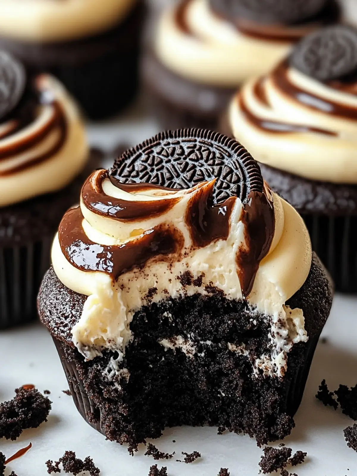 Indulge in Fudge Swirled Oreo Bottom Cheesecake Cupcakes 4 Fudge Swirled Oreo Bottom Cheesecake Cupcakes