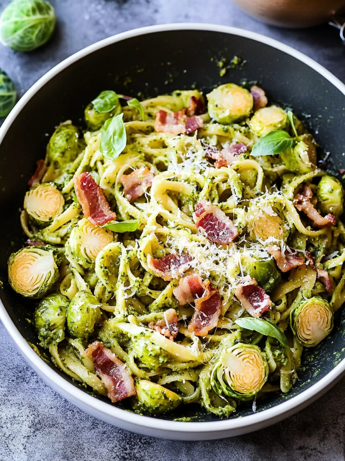 Brussels Sprouts and Bacon Pesto Pasta for Ultimate Comfort 2 Brussels Sprouts and Bacon Pesto Pasta