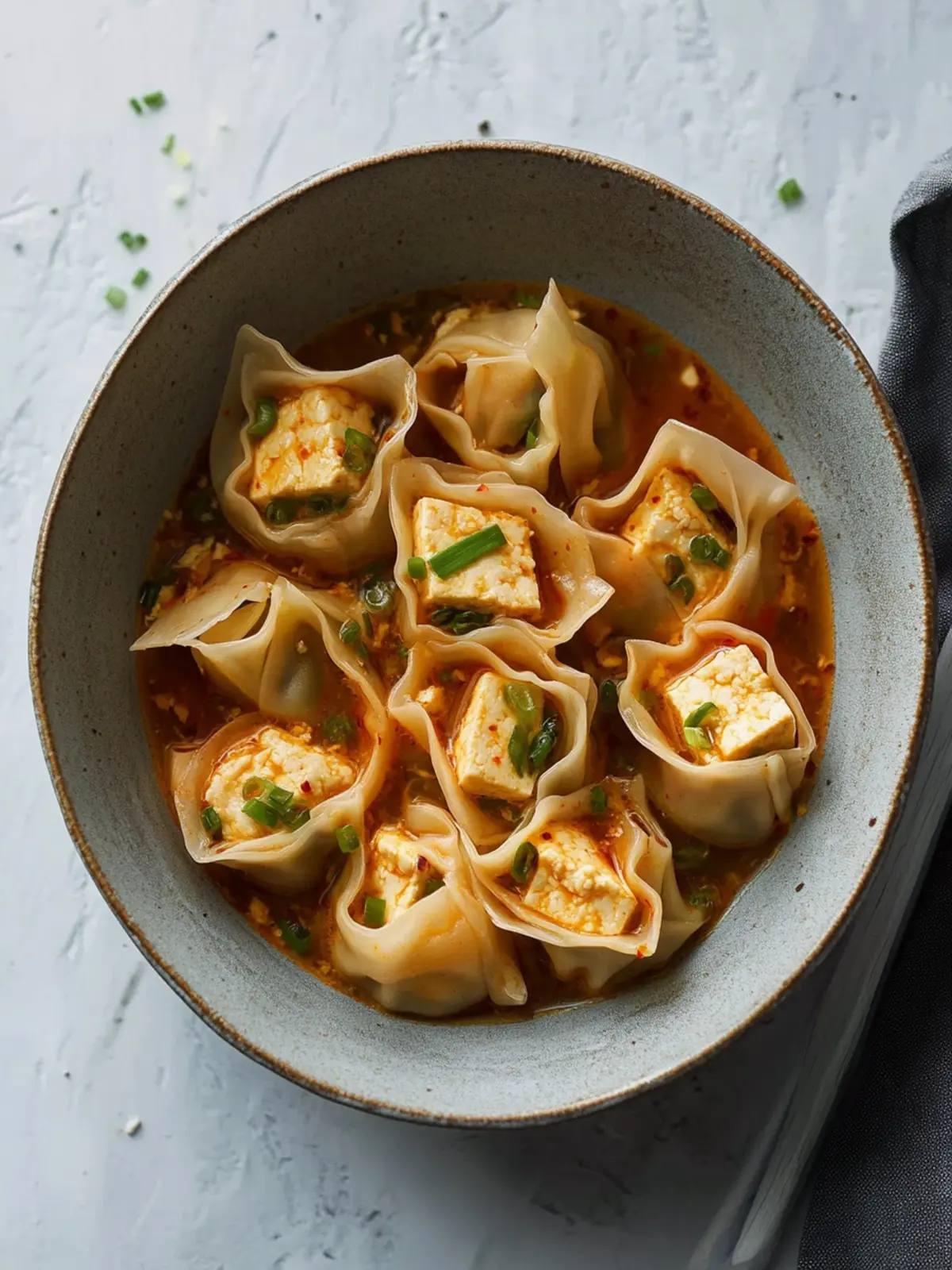 Savory Tofu and Chive Wontons in Chili Broth You'll Love 4 Tofu and Chive Wontons in Chili Broth