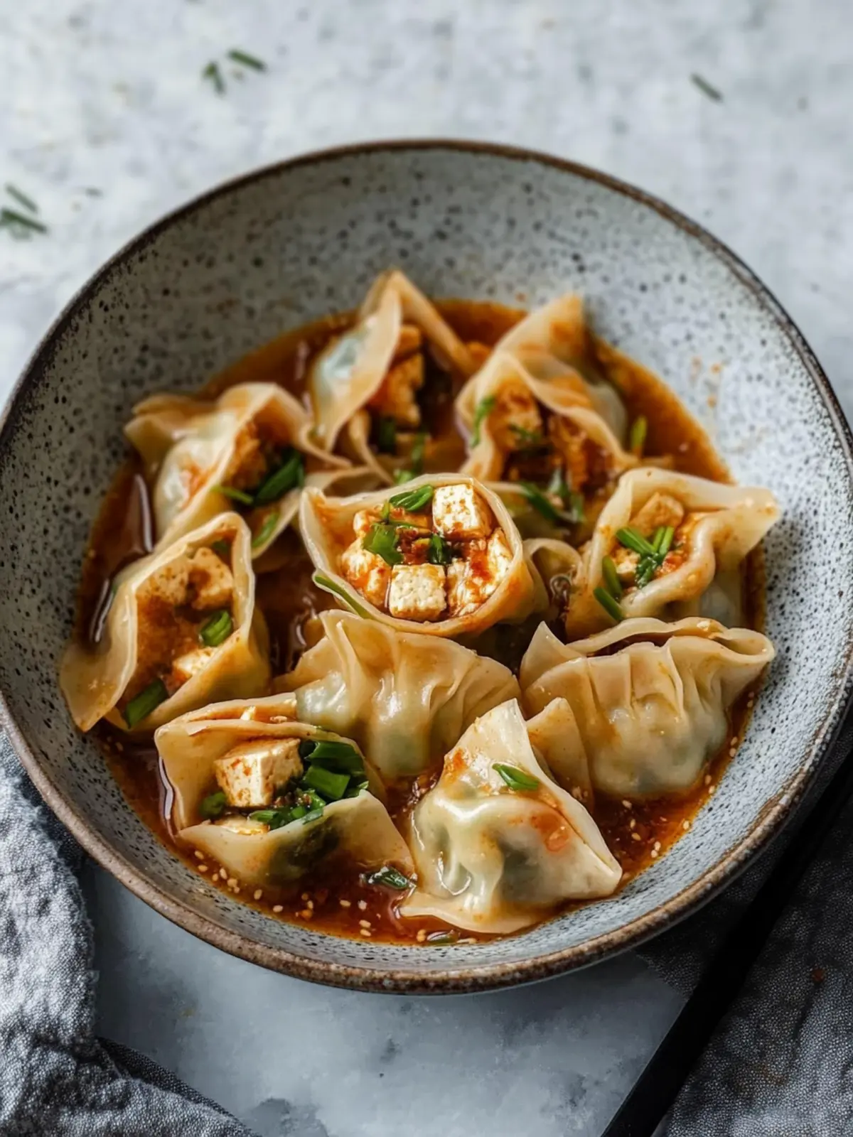 Savory Tofu and Chive Wontons in Chili Broth You'll Love 5 Tofu and Chive Wontons in Chili Broth