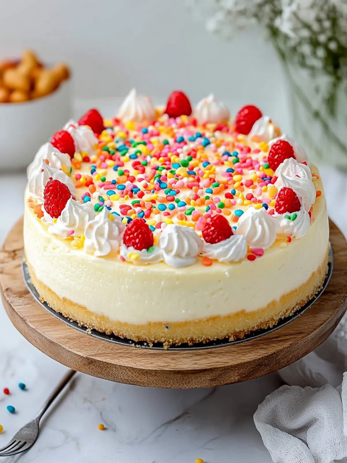 Irresistible Birthday Cheesecake with Fun Rainbow Jimmies 5 Birthday Cheesecake