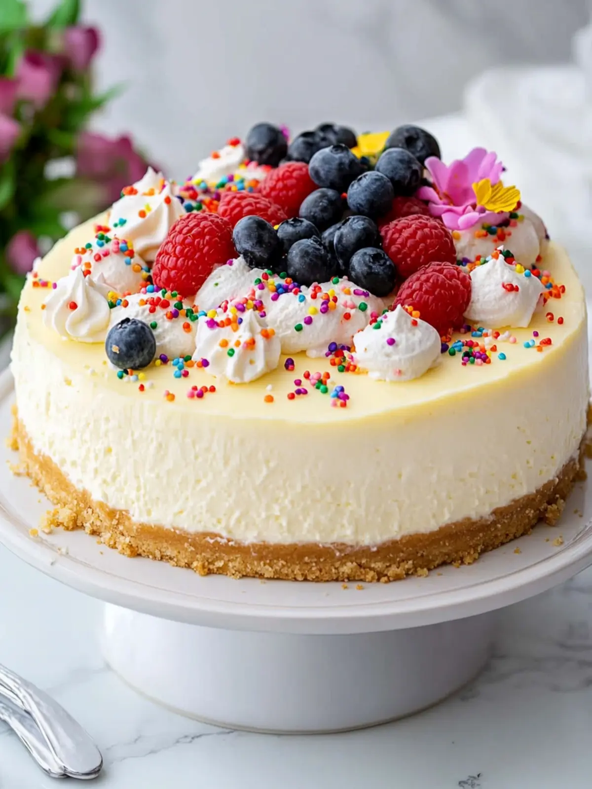 Irresistible Birthday Cheesecake with Fun Rainbow Jimmies 3 Birthday Cheesecake