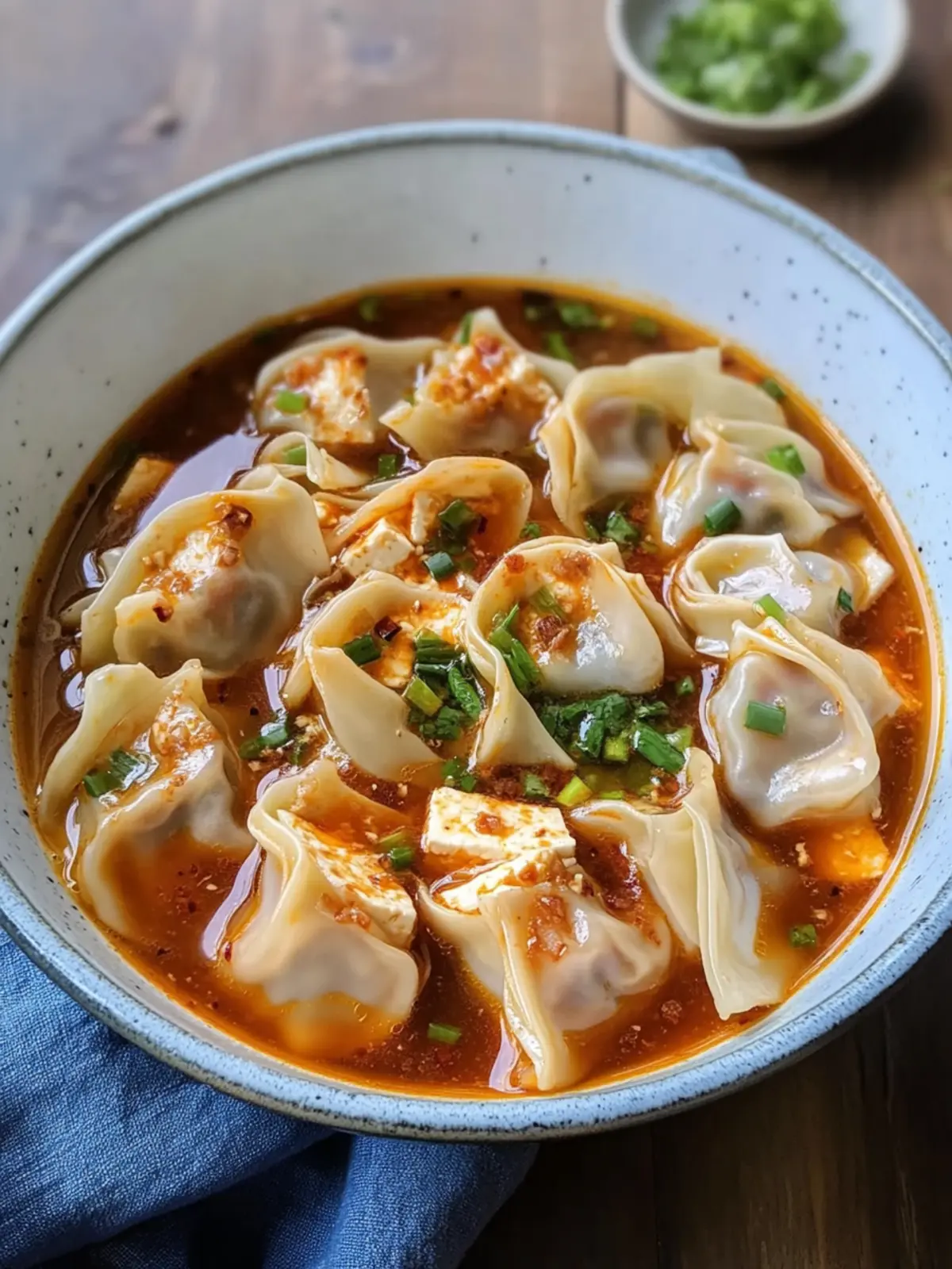 Delicious Tofu and Chive Wontons in Spicy Chili Broth 4 Tofu and Chive Wontons in Chili Broth