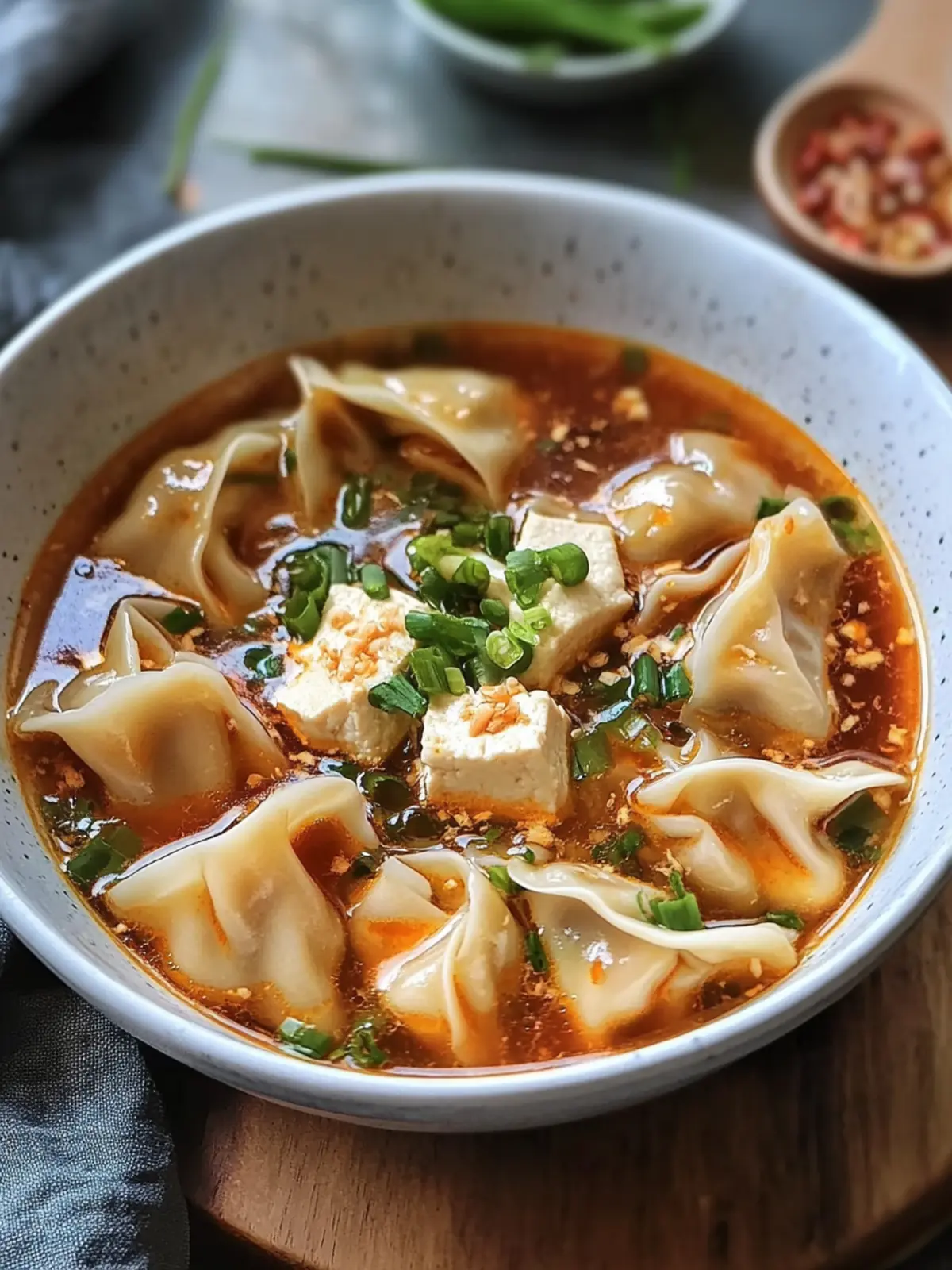 Delicious Tofu and Chive Wontons in Spicy Chili Broth 3 Tofu and Chive Wontons in Chili Broth