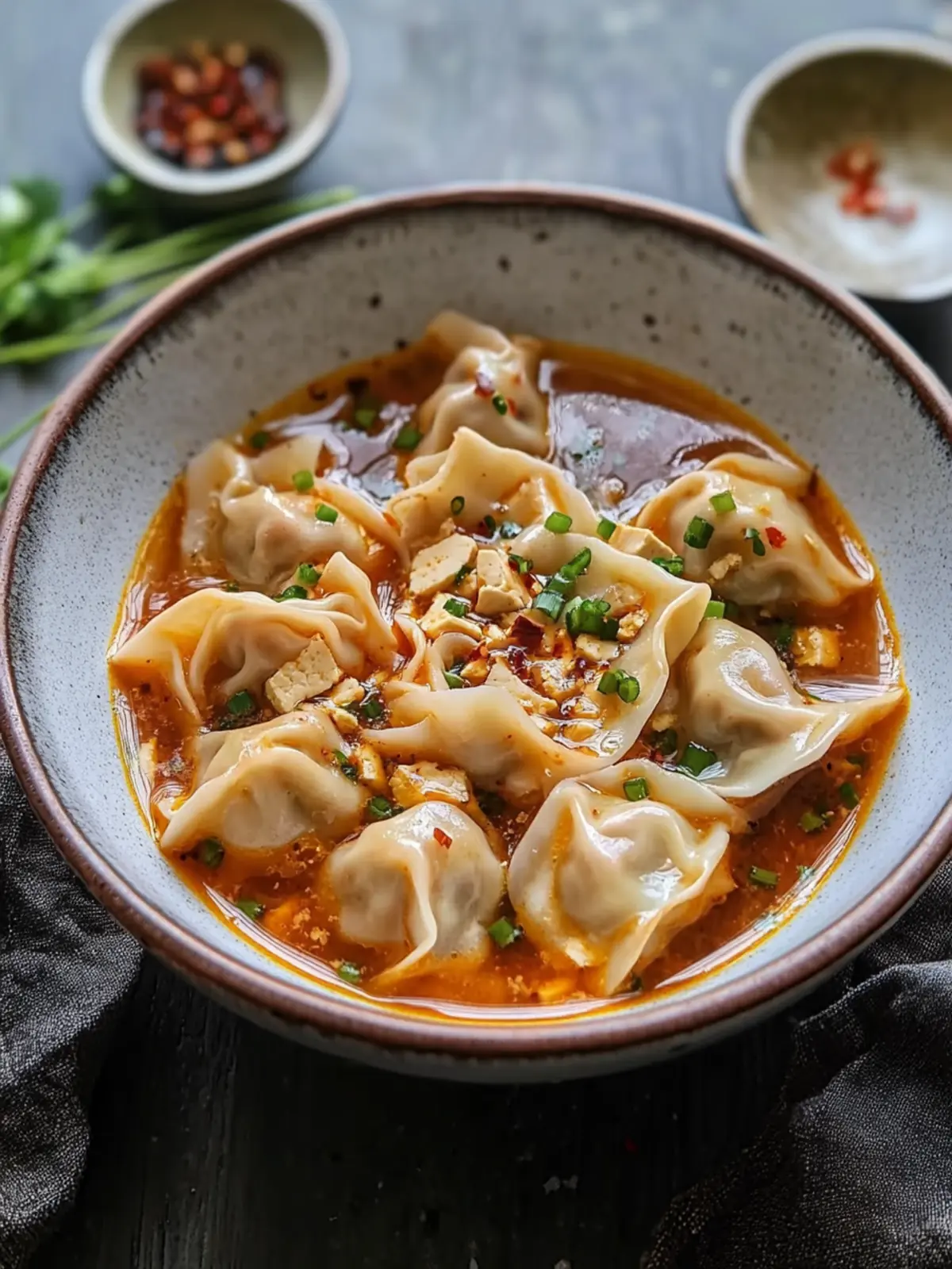 Delicious Tofu and Chive Wontons in Spicy Chili Broth 5 Tofu and Chive Wontons in Chili Broth