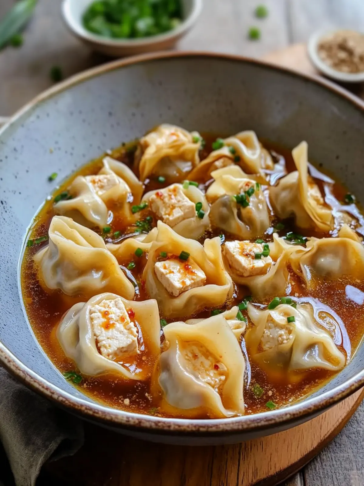 Delicious Tofu and Chive Wontons in Spicy Chili Broth 2 Tofu and Chive Wontons in Chili Broth