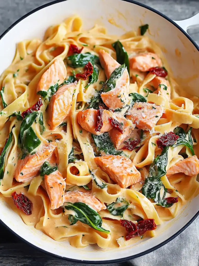 Salmon Pasta with Sun-Dried Tomato Cream Sauce and Spinach