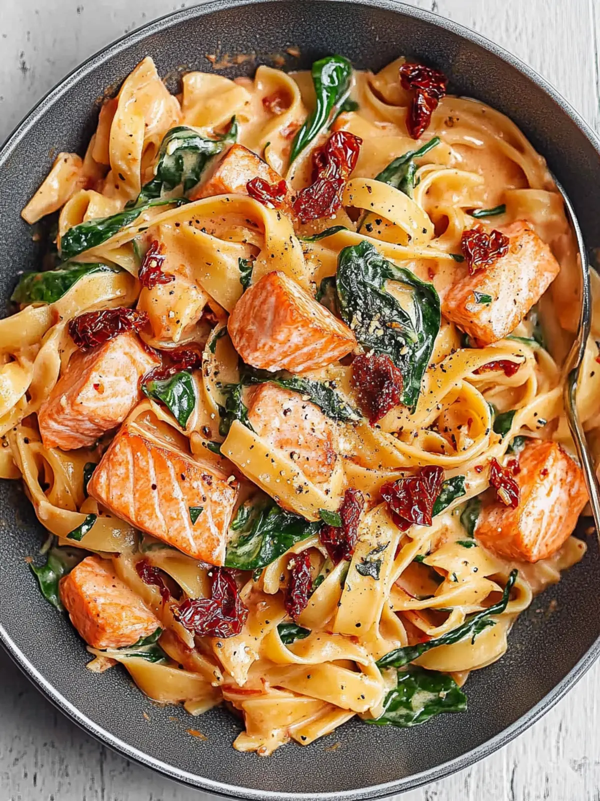 Creamy Salmon Pasta with Sun-Dried Tomato & Spinach Delight 3 Salmon Pasta with Sun-Dried Tomato Cream Sauce and Spinach