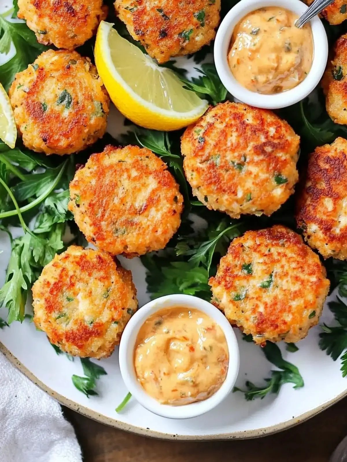 Crispy Mini Salmon Cakes with Sriracha Lemon Aioli Delight 2 Mini Salmon Cakes with Sriracha Lemon Aioli