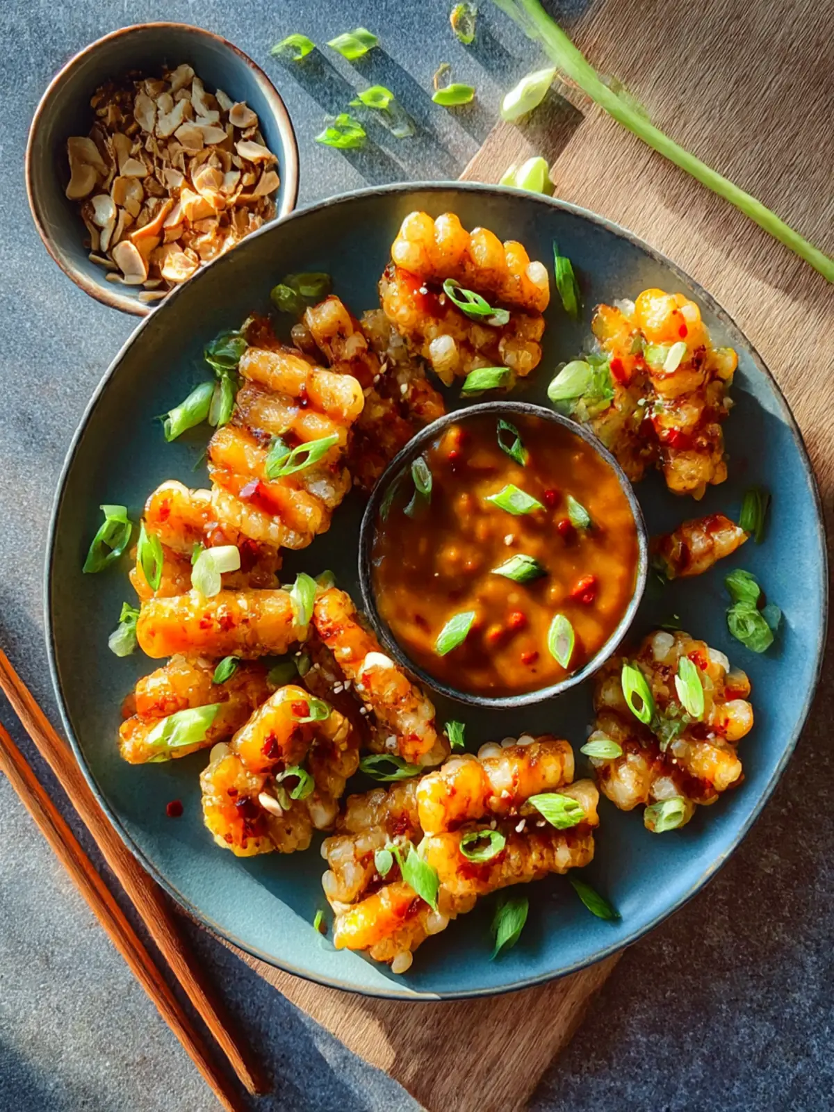 Irresistible Crispy Rice Cakes with Spicy Peanut Sauce Delight 3 Crispy Rice Cakes with Spicy Peanut Sauce