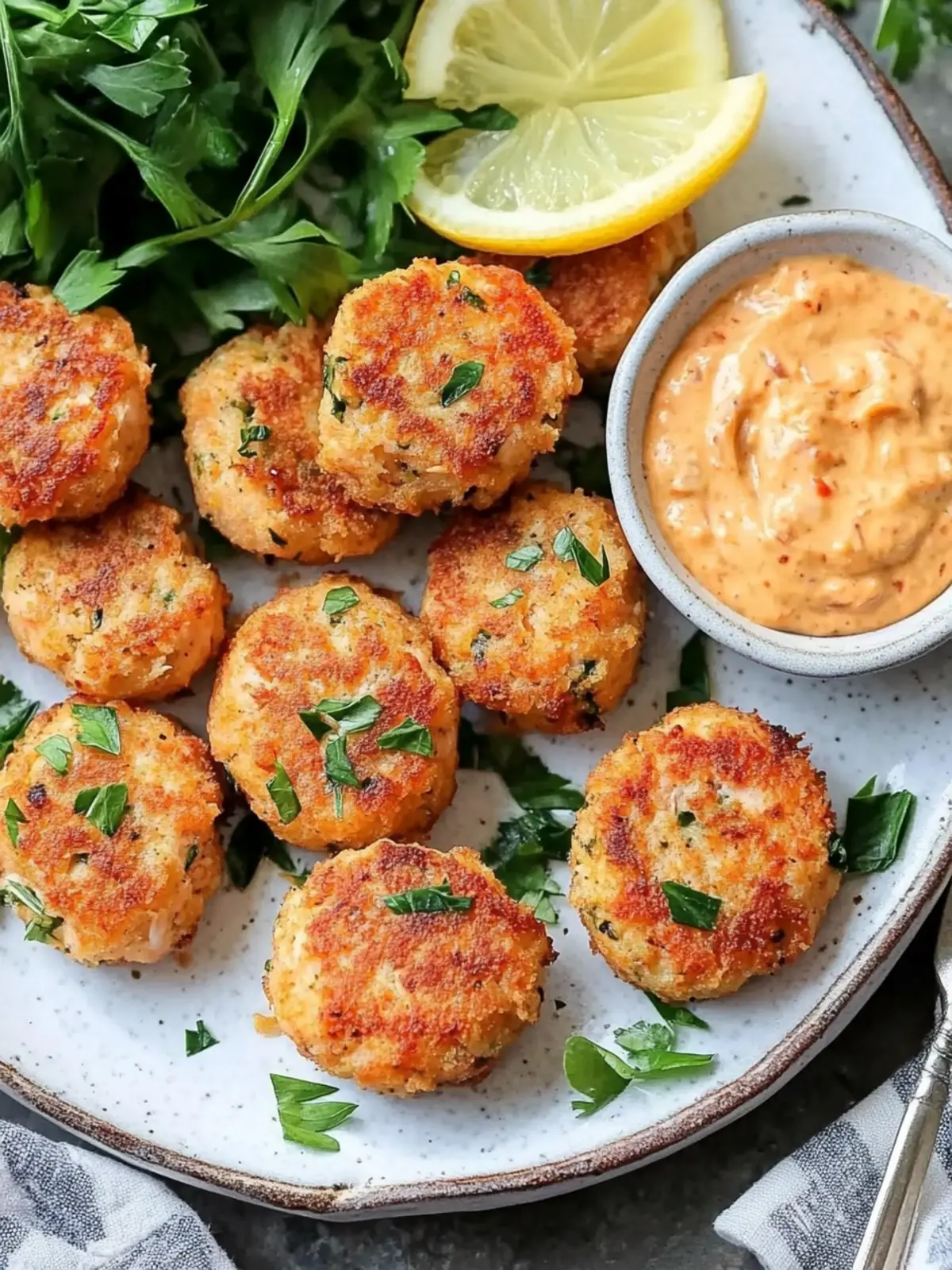 Crispy Mini Salmon Cakes with Sriracha Lemon Aioli Delight 4 Mini Salmon Cakes with Sriracha Lemon Aioli