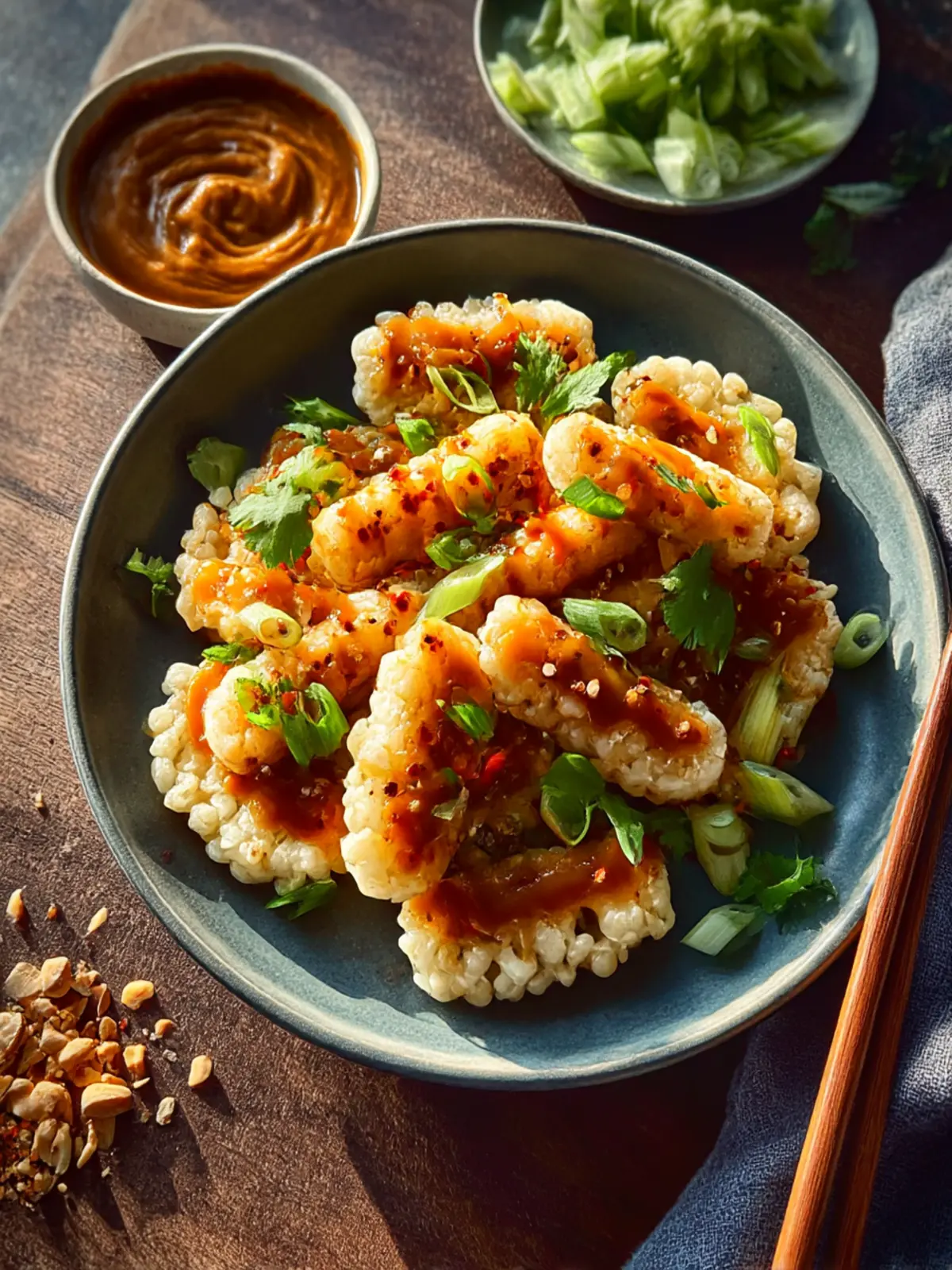 Irresistible Crispy Rice Cakes with Spicy Peanut Sauce Delight 4 Crispy Rice Cakes with Spicy Peanut Sauce
