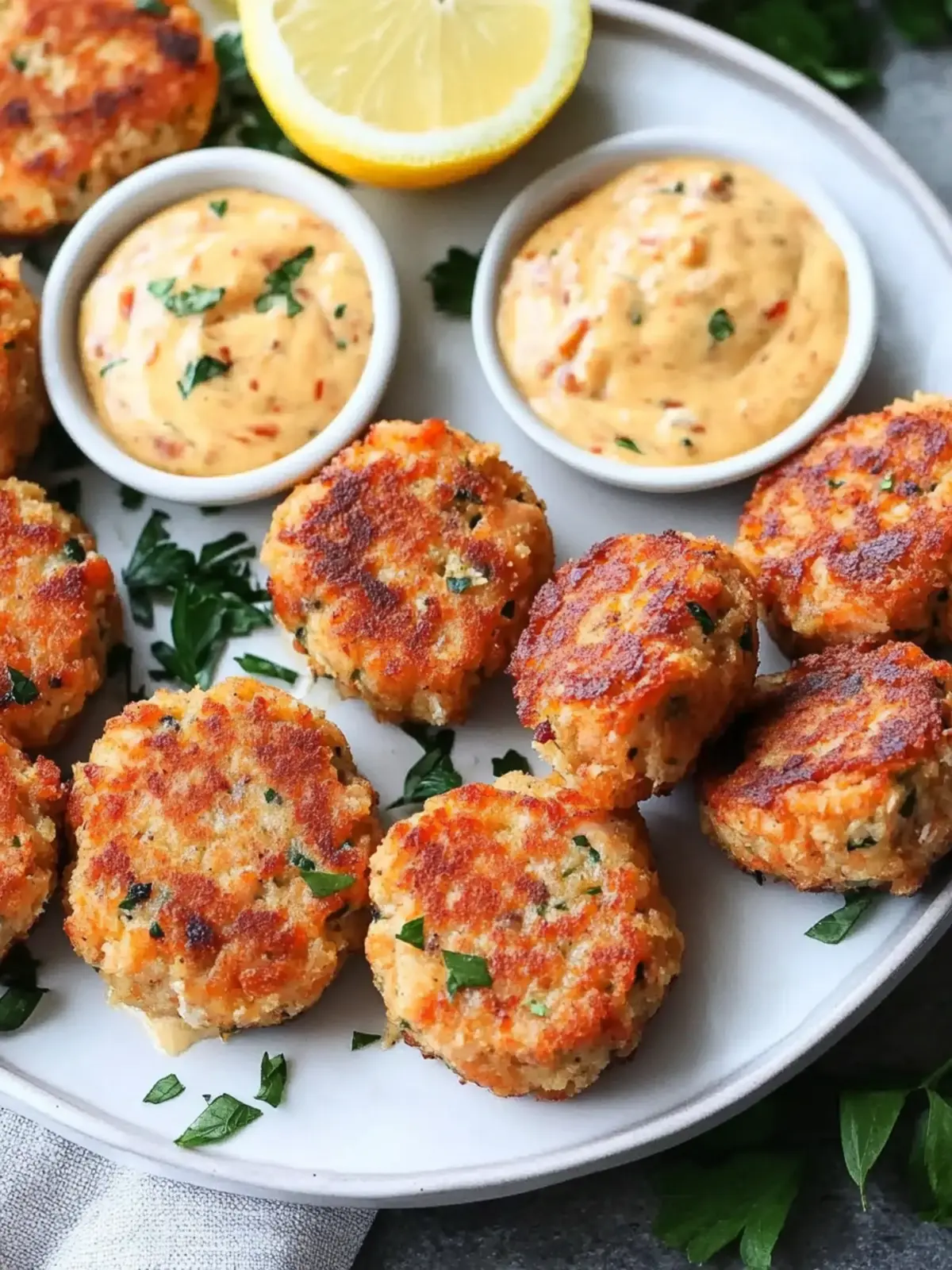 Crispy Mini Salmon Cakes with Sriracha Lemon Aioli Delight 3 Mini Salmon Cakes with Sriracha Lemon Aioli