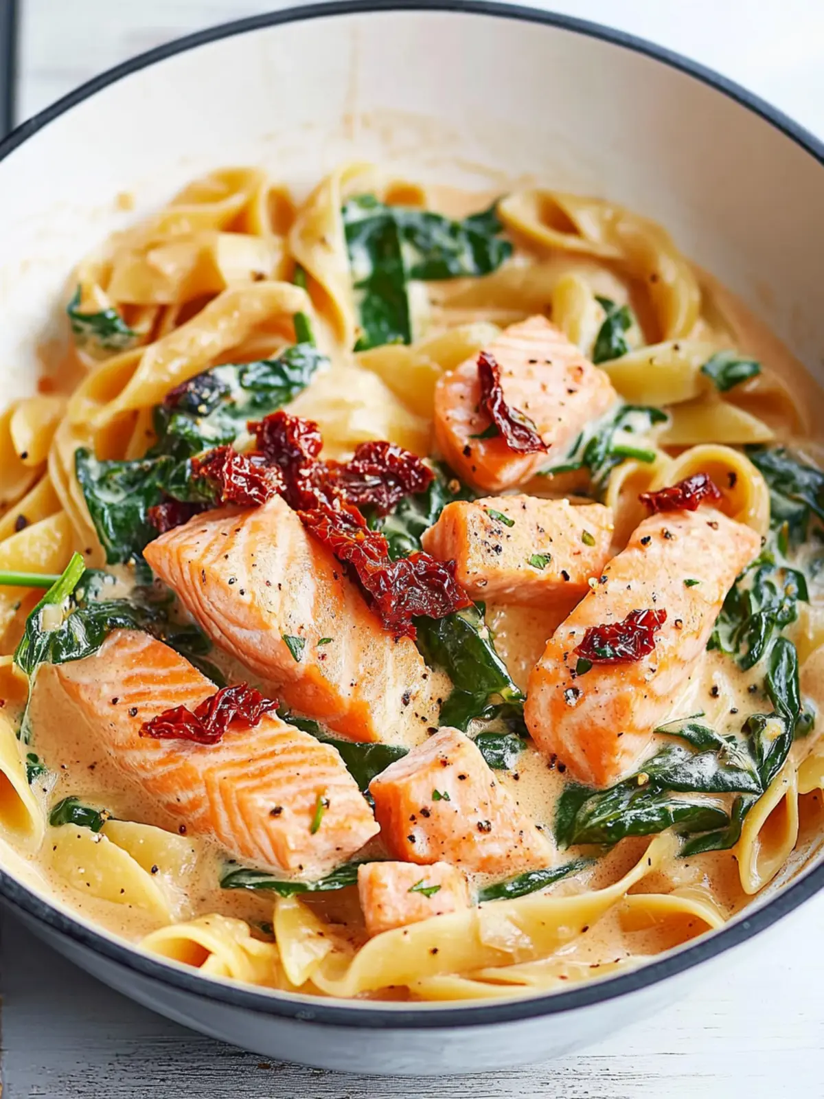 Creamy Salmon Pasta with Sun-Dried Tomato & Spinach Delight 2 Salmon Pasta with Sun-Dried Tomato Cream Sauce and Spinach
