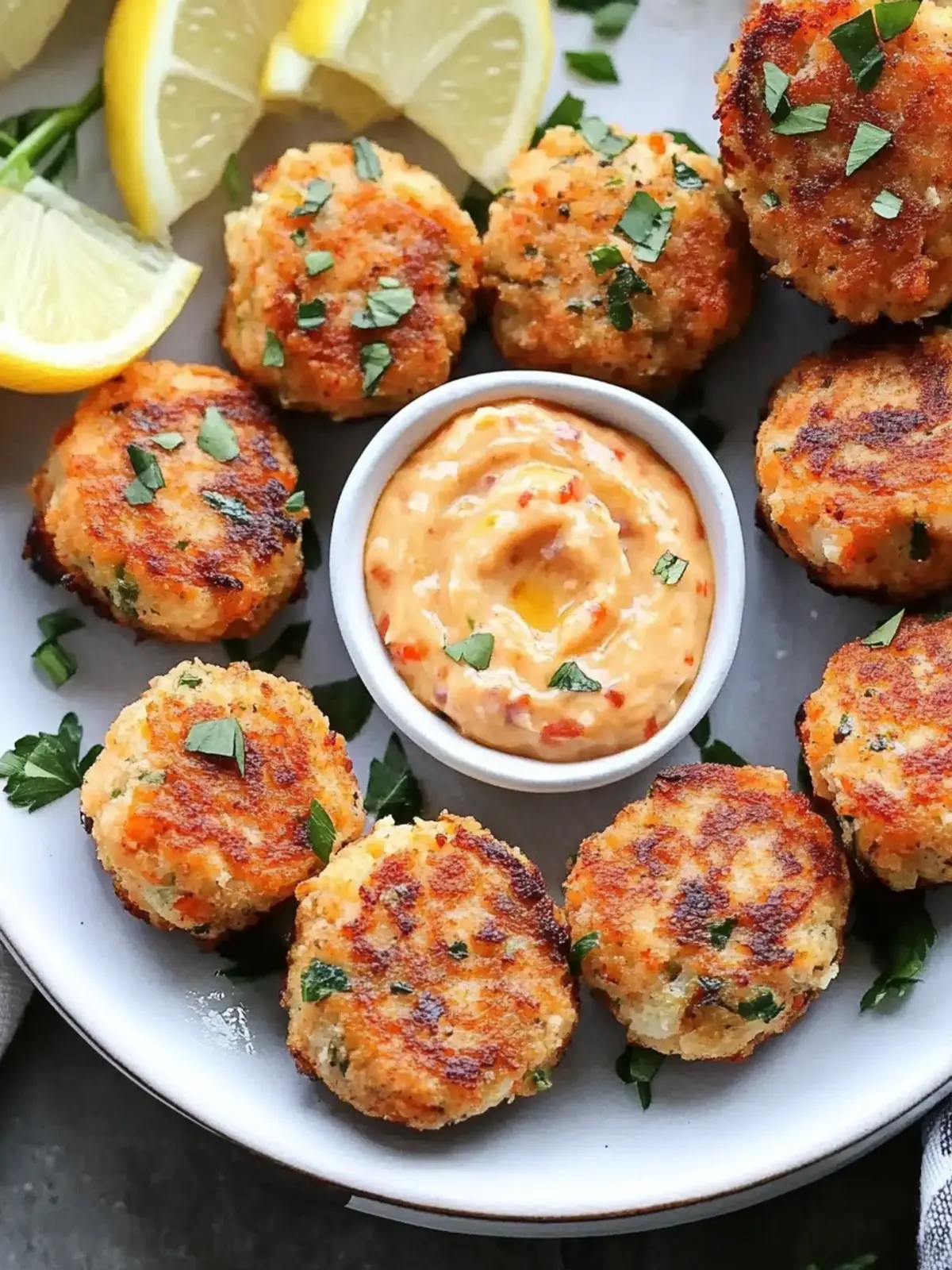 Crispy Mini Salmon Cakes with Sriracha Lemon Aioli Delight 5 Mini Salmon Cakes with Sriracha Lemon Aioli
