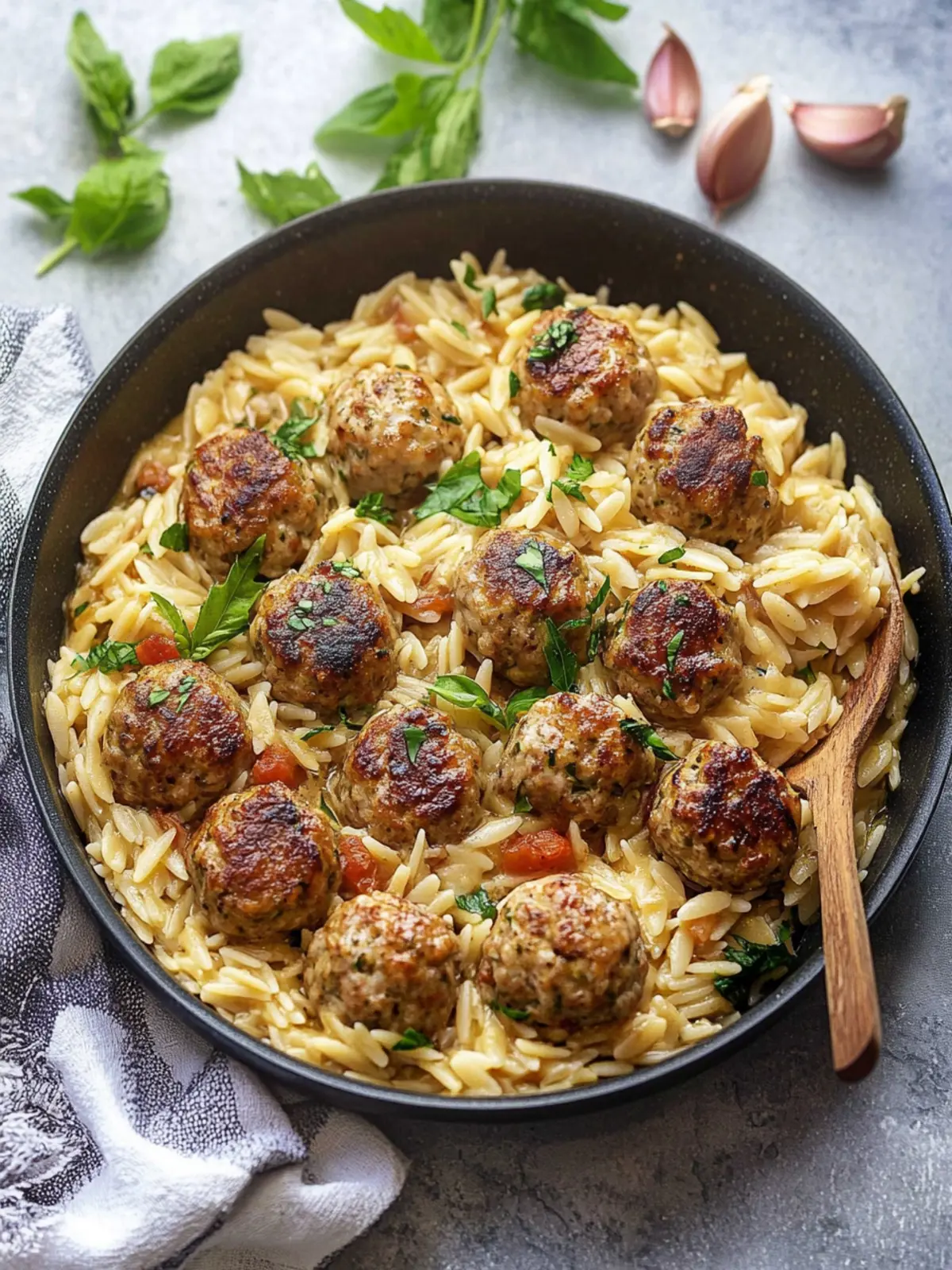 One Pan Chicken Meatballs with Orzo