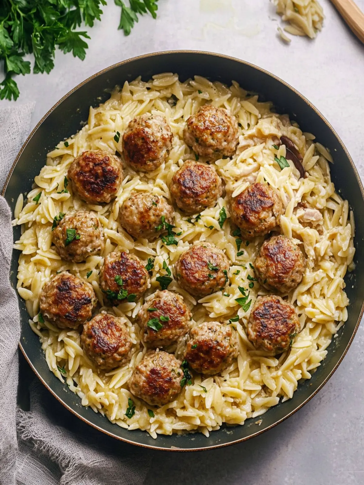 One Pan Chicken Meatballs with Orzo