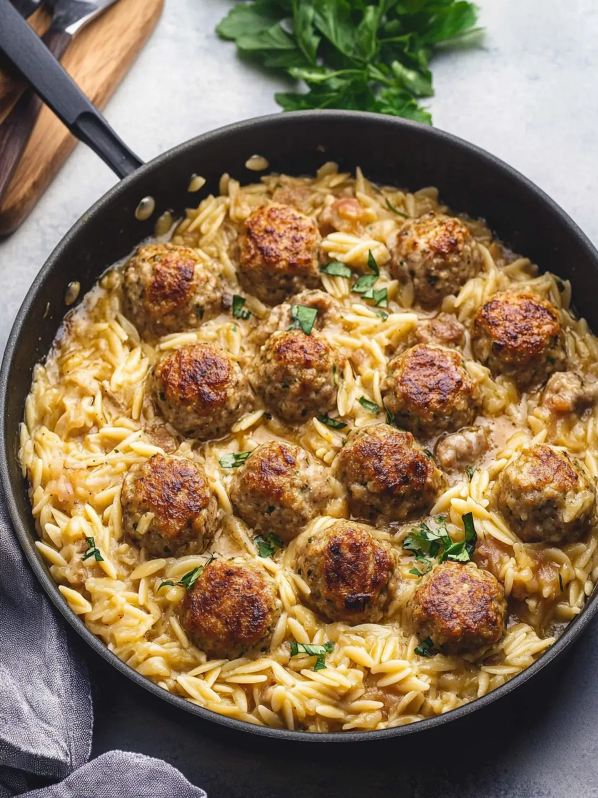 One Pan Chicken Meatballs with Orzo