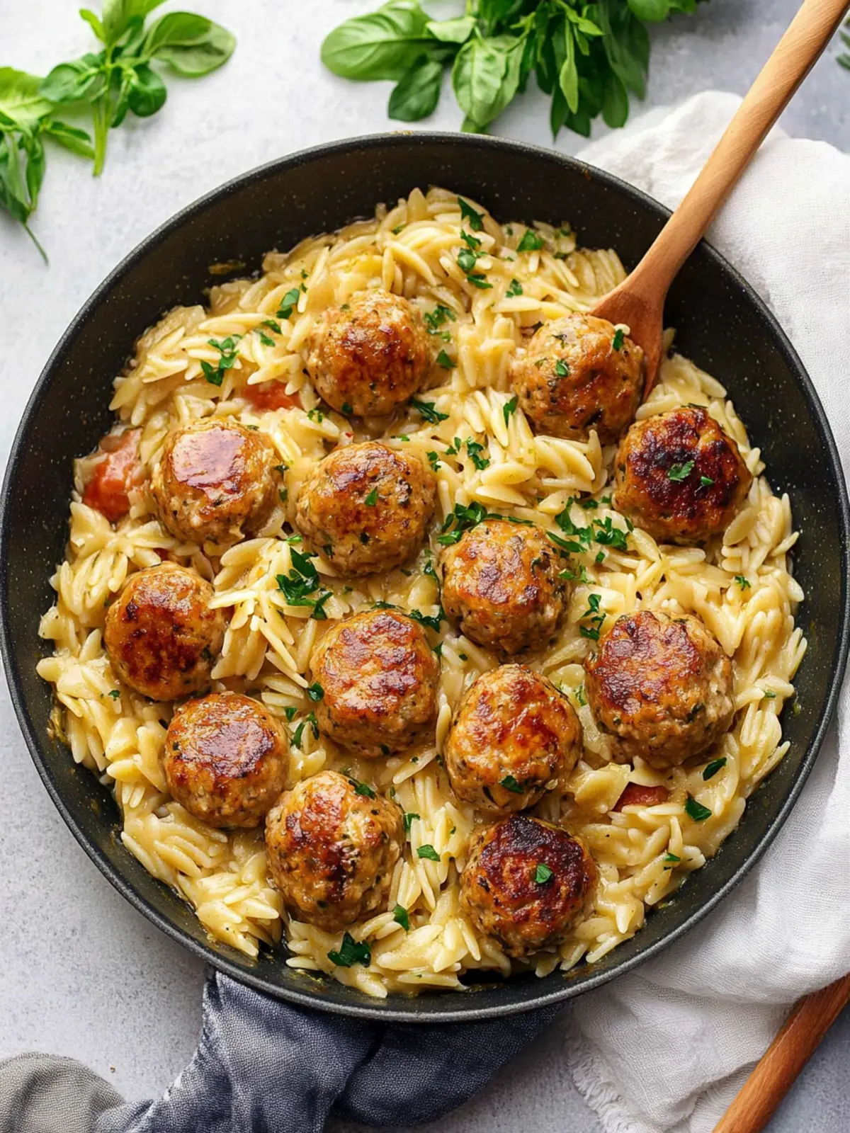One Pan Chicken Meatballs with Orzo